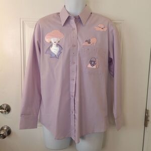 Get Lucky lilac long sleeve button front blouse with appliques and rhinestones